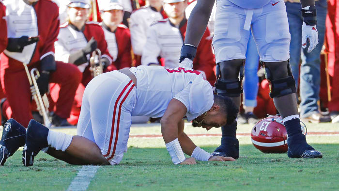 Tagovailoa threw for 293 yards against Mississippi State before suffering a devastating season-ending hip injury just before halftime.